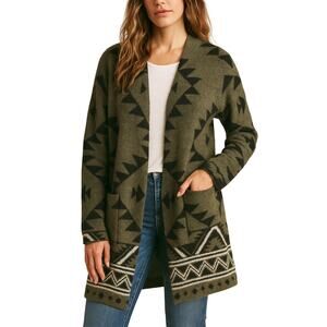 Frye Women’s Large Long Cardigan Sweater Green Black Aztec Knit Layering